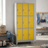 Kovová šatní skříňka - 9 boxů, 90 x 45 x 195 cm, pevné nohy, otočný zámek, žlutá - ral 1023