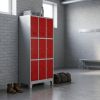 Kovová šatní skříňka - 9 boxů, 90 x 45 x 195 cm, pevné nohy, cylindrický zámek, červená - ral 3000